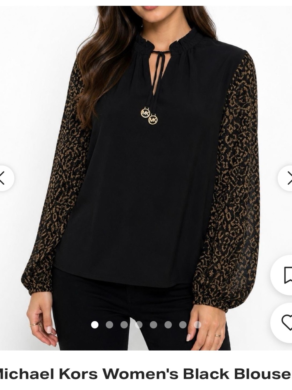 Michael Kors Black Blouse with Gold Charm Tie and Patterned Sleeves - Medium